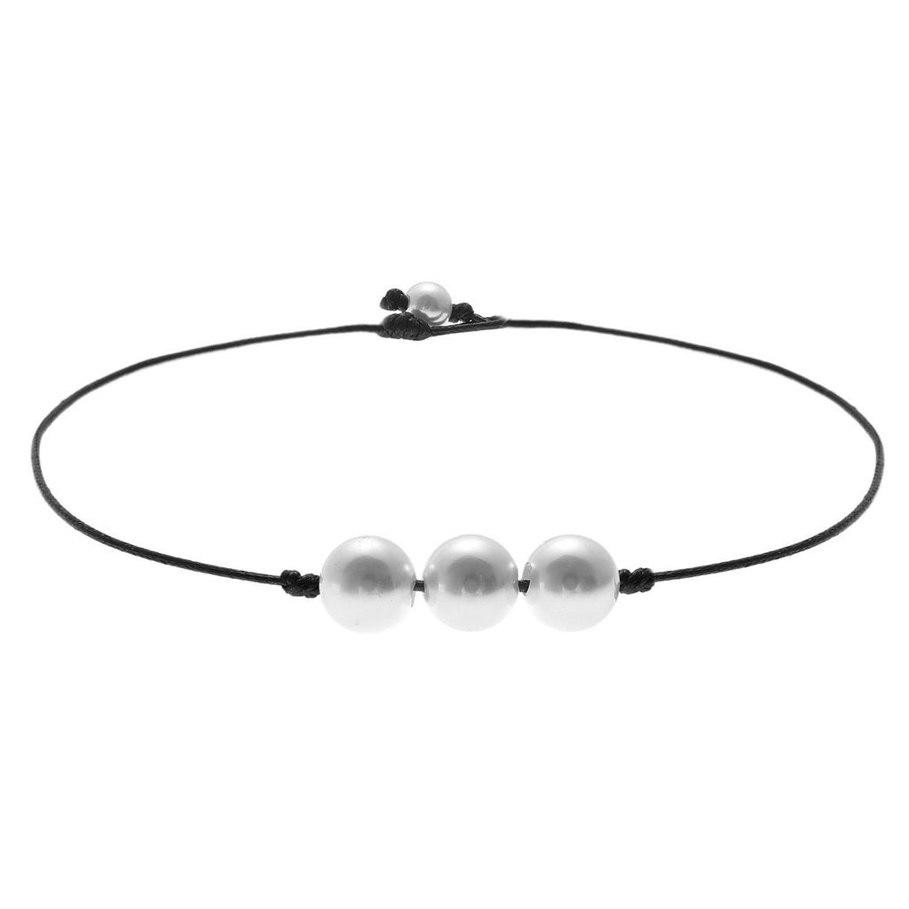 Europe, America, adjustable black leather rope imitation pearl necklace, women's fashionable and elegant handmade short necklace