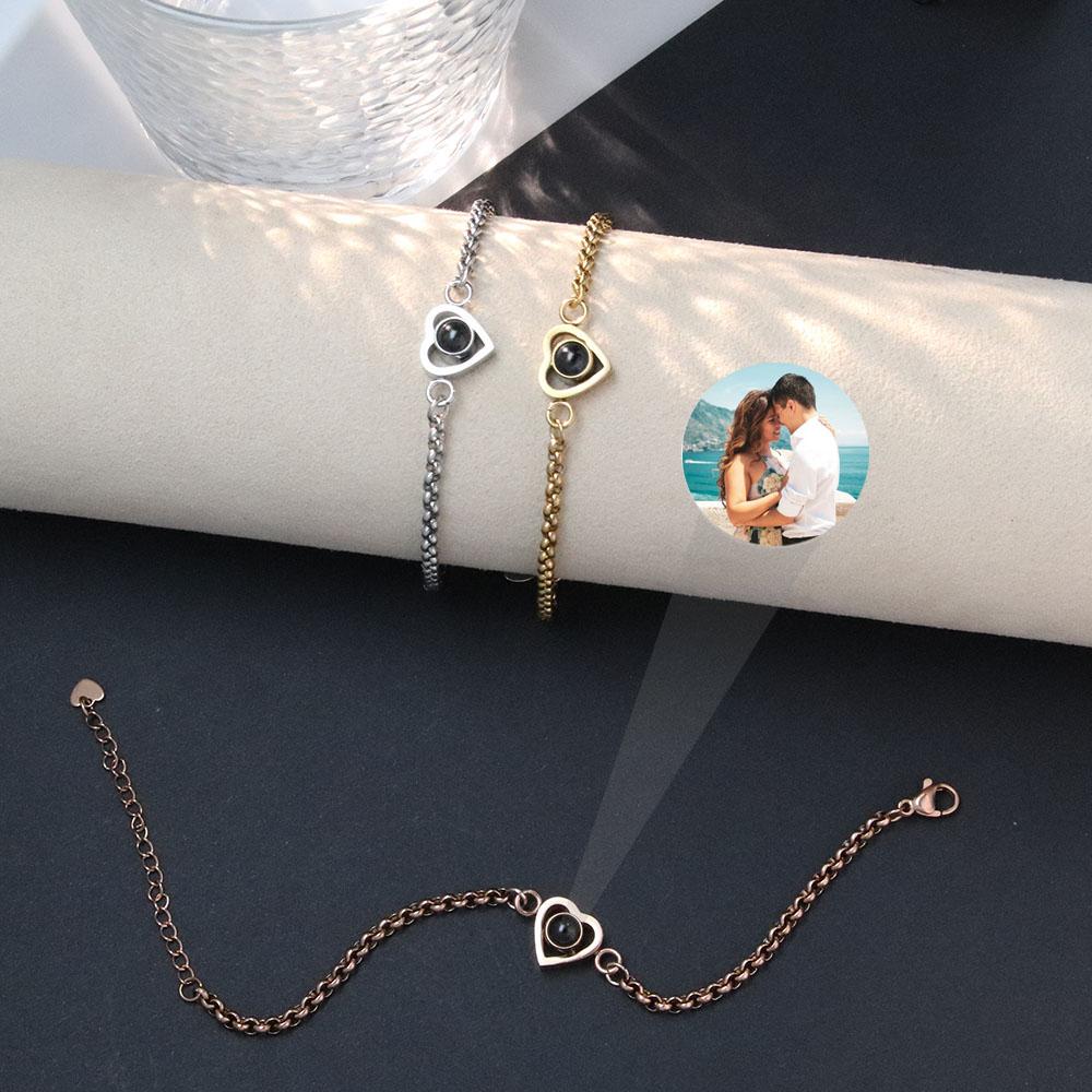 Silver/Gold Color Projection Photo Heart Bracelet with Stainless steel a chain Heart Bracelet Bangle Jewelry for Men Women