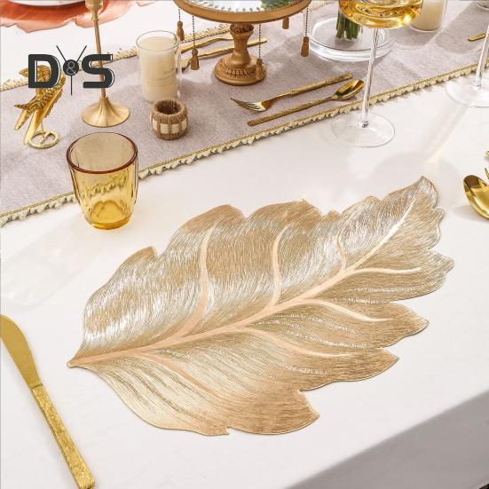 6Pcs Kitchen Placemat Set High Temperature Resistant Gold-Stitched Leaf Shape Dining Place Mat Table Setting Accessory