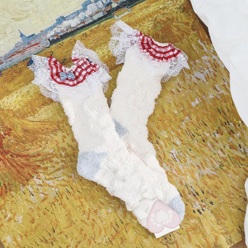 Lolita Coral Fleece Socks Women S Fleece Thickened Medium Tube Princess Socks Japanese Sweet Bow Lace Women S Socks Long One size fits all