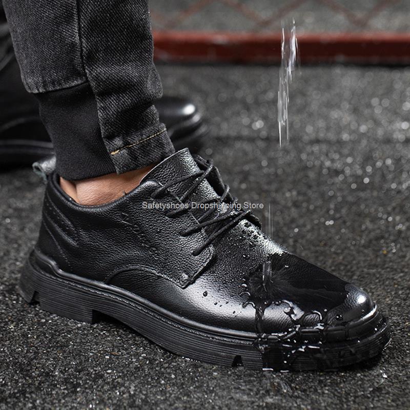 Fashion Split Leather Safety Shoes Men Steel Toe Sneaker Black Work Boots Kitchen Bussiness Safety Boots Industrial Work Shoes Man Boots