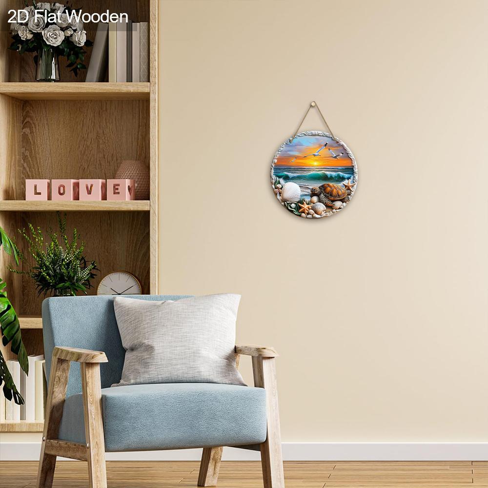 Wooden Sign with Sunshine Beach Turtle Pattern - Unique Seaside Scenery Round Sign for Front Door, Wall Decor - Ideal Home Hanging Ornament