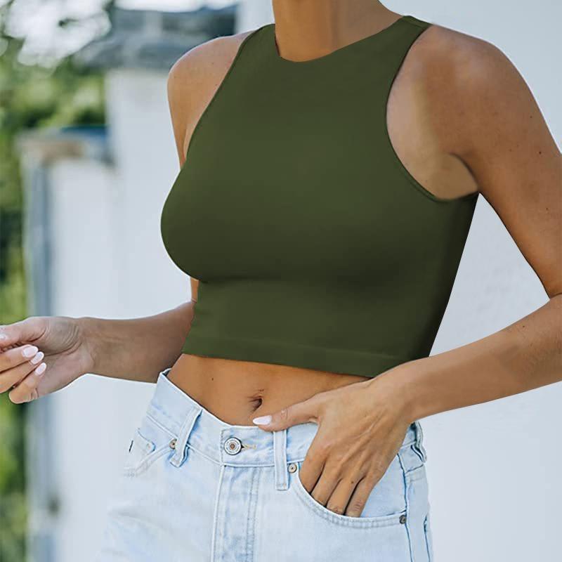 Dámské jednobarevné kulaté výstřihové vesty s ramínky na zádech a odhaleným pupkem