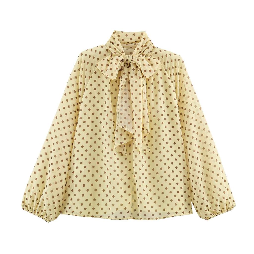 Elegant Women Korean Style Polka Dot Shirt Long Sleeve Bow Tie Collar Blouse Spring Autumn Loose Tops Fashion Sweet Simple Clothing