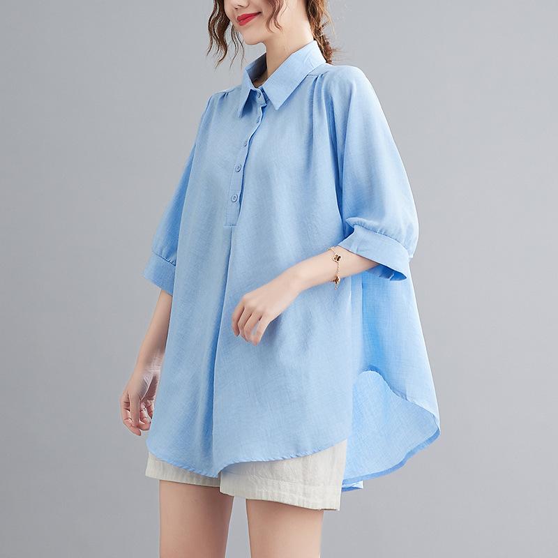 Damen Polohemd Dreiviertelarm Lockerer Schnitt Unifarben Leinenhemd Lässige Bluse