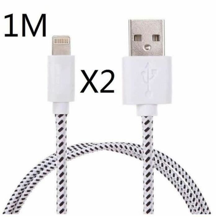 Lot de 2x blanc 1m câble usb pour iphone tissu tressé sync cable chargeur secteur pour iphone 5-5s 6 6s plus