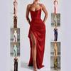 Women Satin Spaghetti Strap High Slit Long Dress Multiple Colors