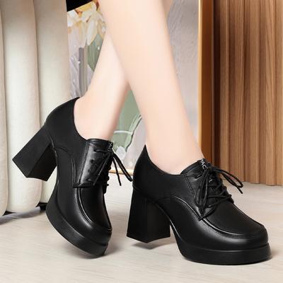 Classic Soft Deep Mouth Women Pumps Shoes Genuine Leather Round Head Lace Up Fashion Thick High Heel Shallow Solid Casual Female