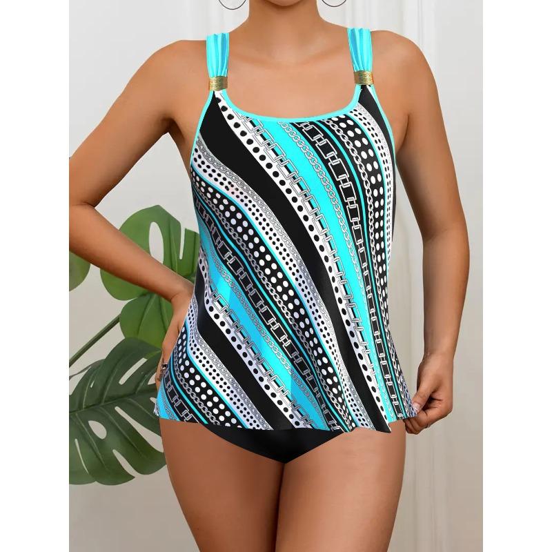 Large size split bikini two-piece suspender print swimsuit S