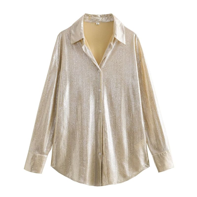 

Kaslead New Arrival Women s Fashion Style Fashion All-Match Polo Collar Bronzing Long Sleeves Shirt Gold M