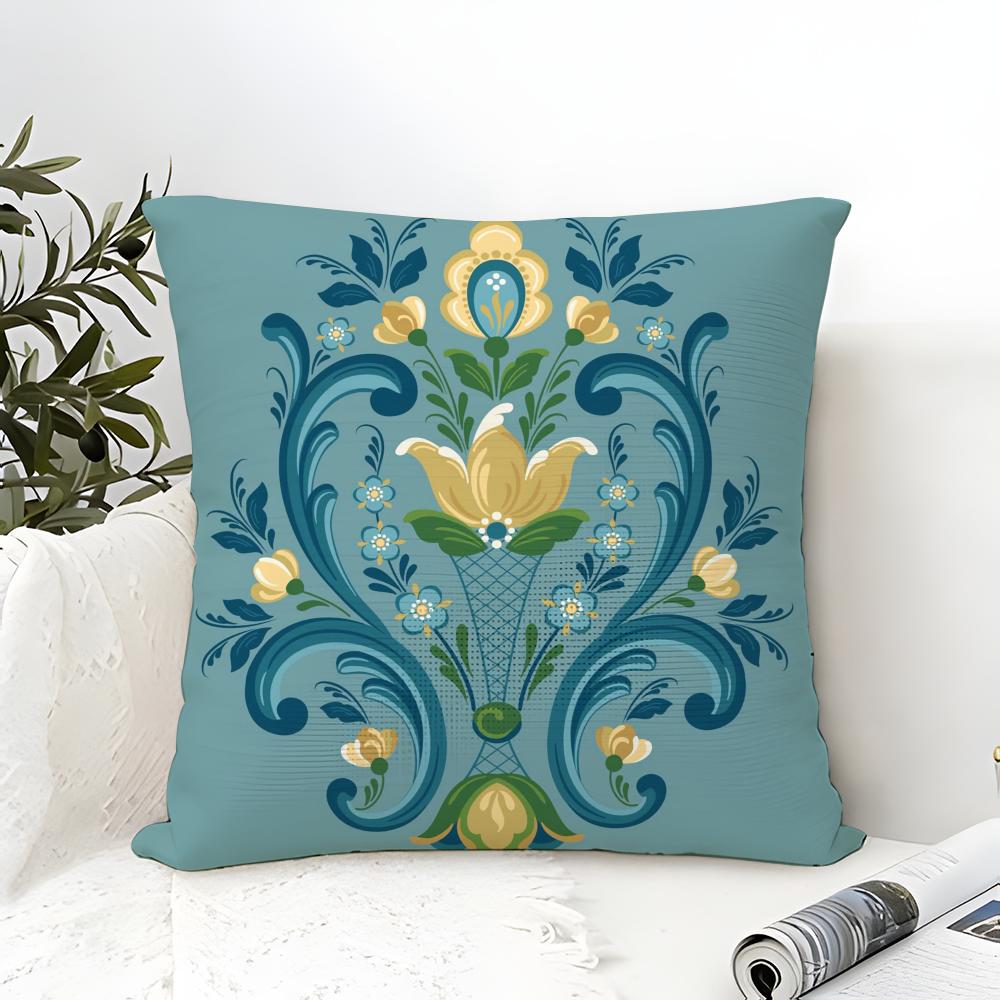 Norwegian Rosemaling Pillow Case Cotton Linen Fabric Square Zipper Pillowcase Home Decorative Living Room