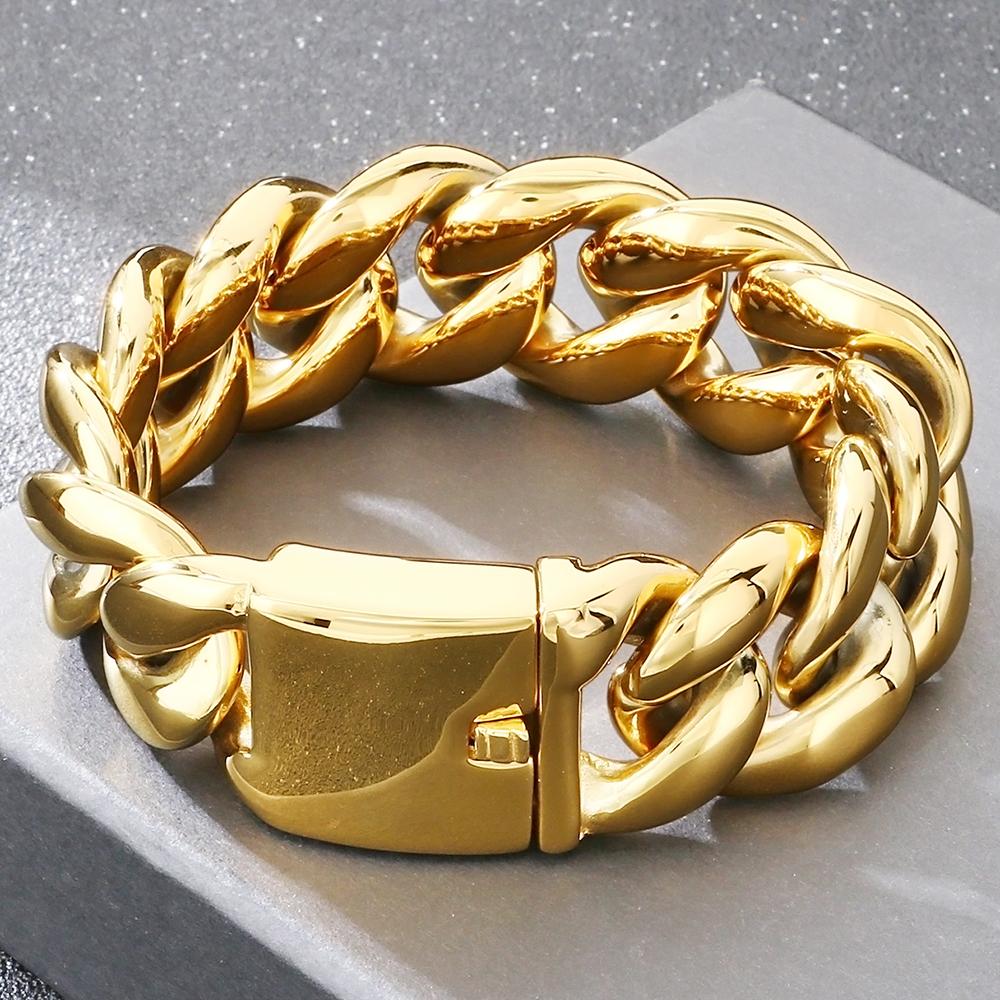 Hochbelastbares 25 mm breites kubanisches Gliederarmband für Herren Hochglanzpolierter Edelstahl Herrenkette Auffälliger Hip-Hop-Männerschmuck Wasserdicht