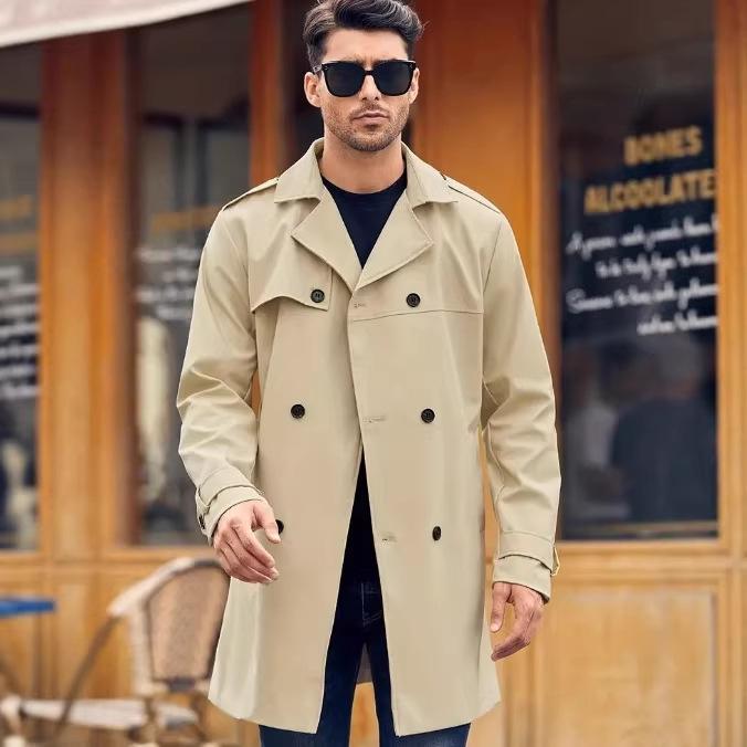 2023 Autumn/Winter Men's Slim Fit Double-Breasted Long-Sleeve Trench Coat In European & American Style