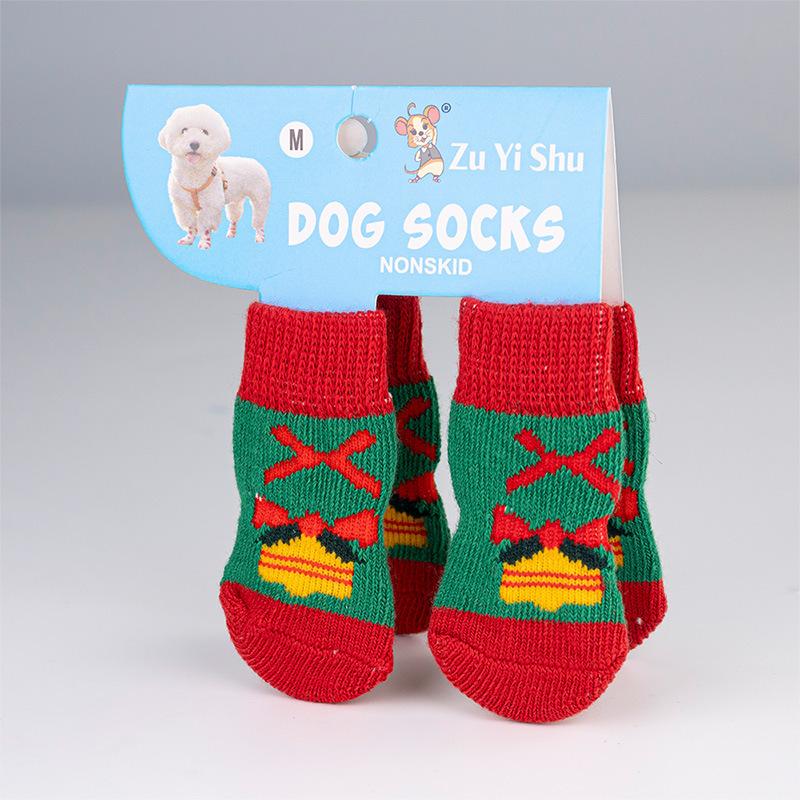 4Pcs/set Christmas Deer Snowman Pet Knitted Socks Winter Warm Indoor Wear Slip On Paw Protector Small Dogs Cat Socks Shoes