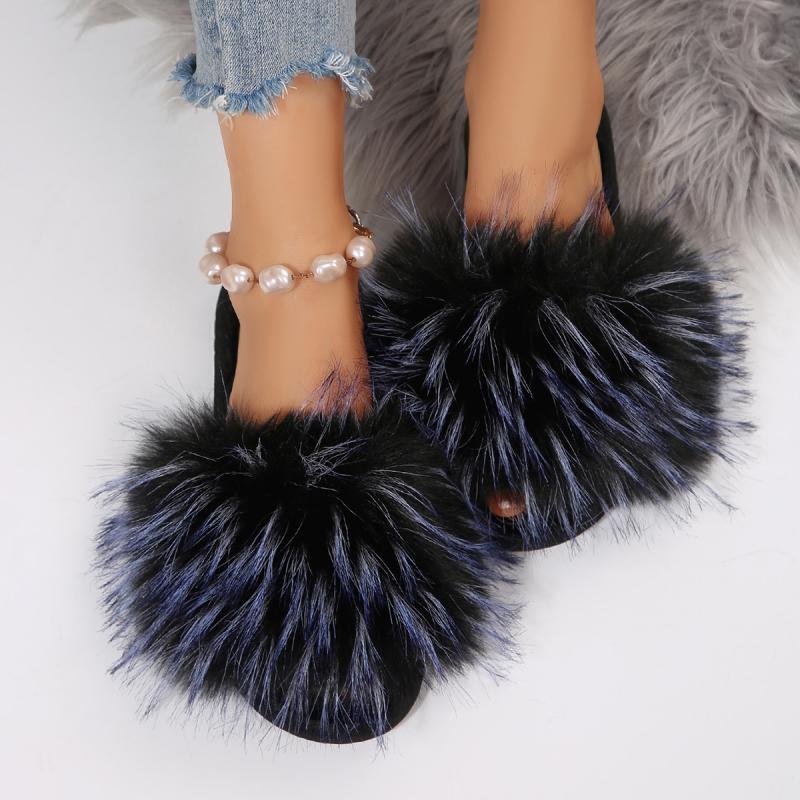 Fashion Brand Design Mix Color Furry Slippers Women Fluffy Fur Comfort Soft Sole Indoor Slippers Warm Faux Fur Woman Shoes 2025 Winter
