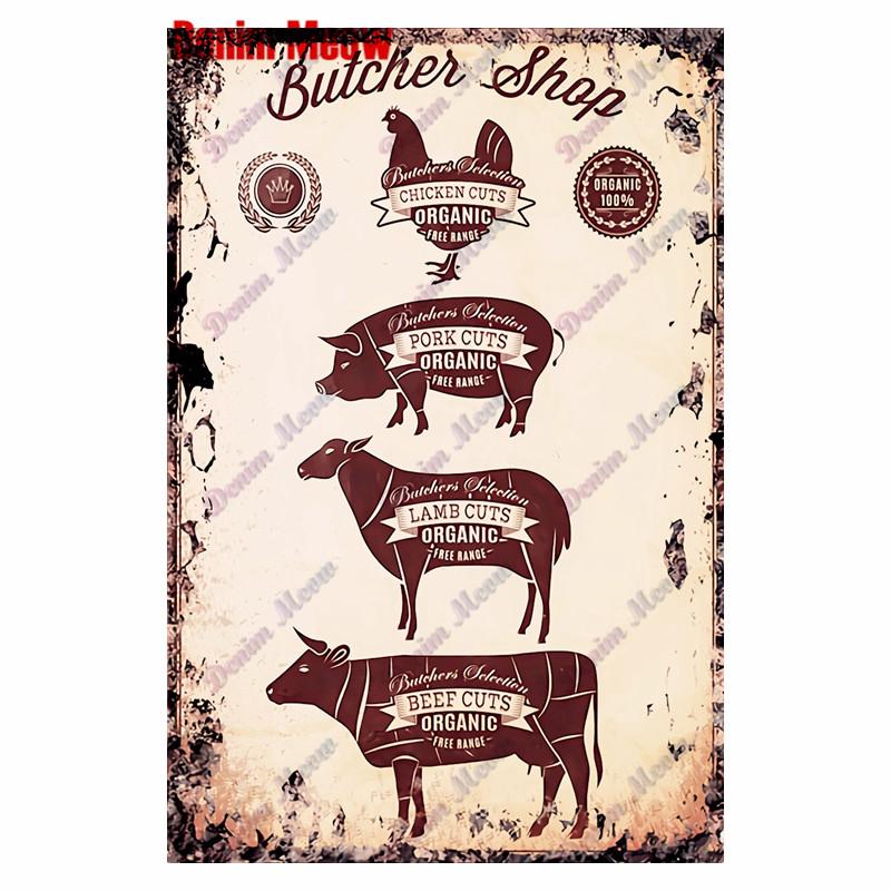 Vintage Metallskylt Styckningsschema, Slaktarguide, Nötkött, Kyckling, Kollision, Triceratops, Tallrikar, Kök, Butiksdekor, WY71