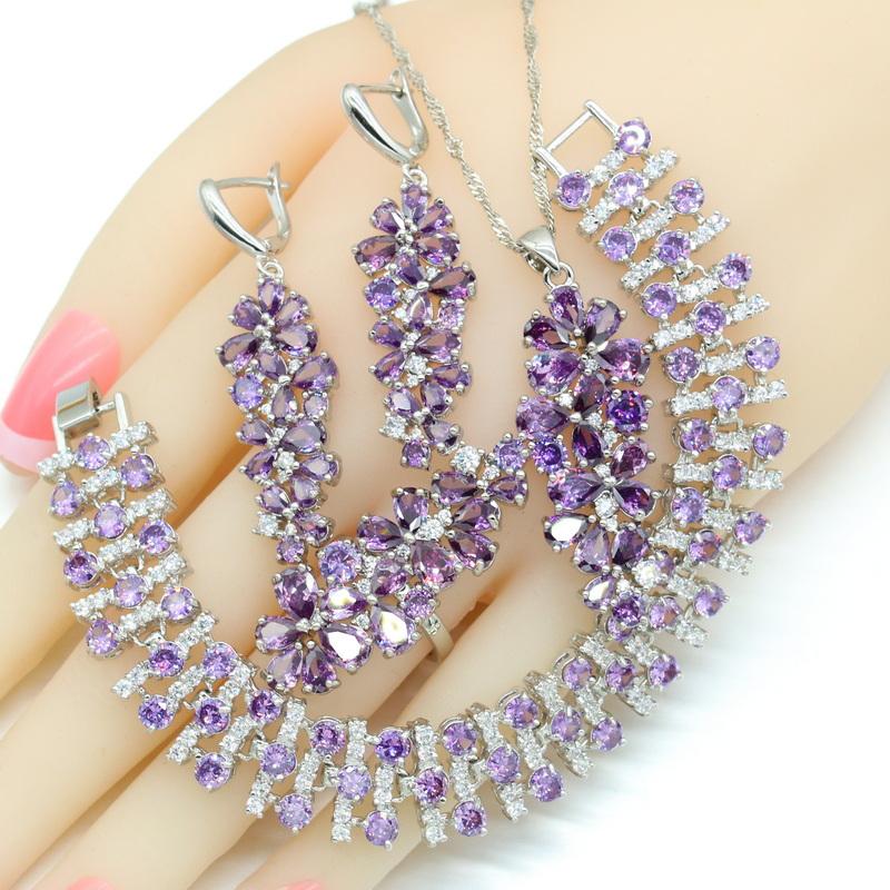 New  Color Bridal Jewelry Sets For Women White Purple Stones Necklace Pendant Bracelets Earrings Rings Gift Box