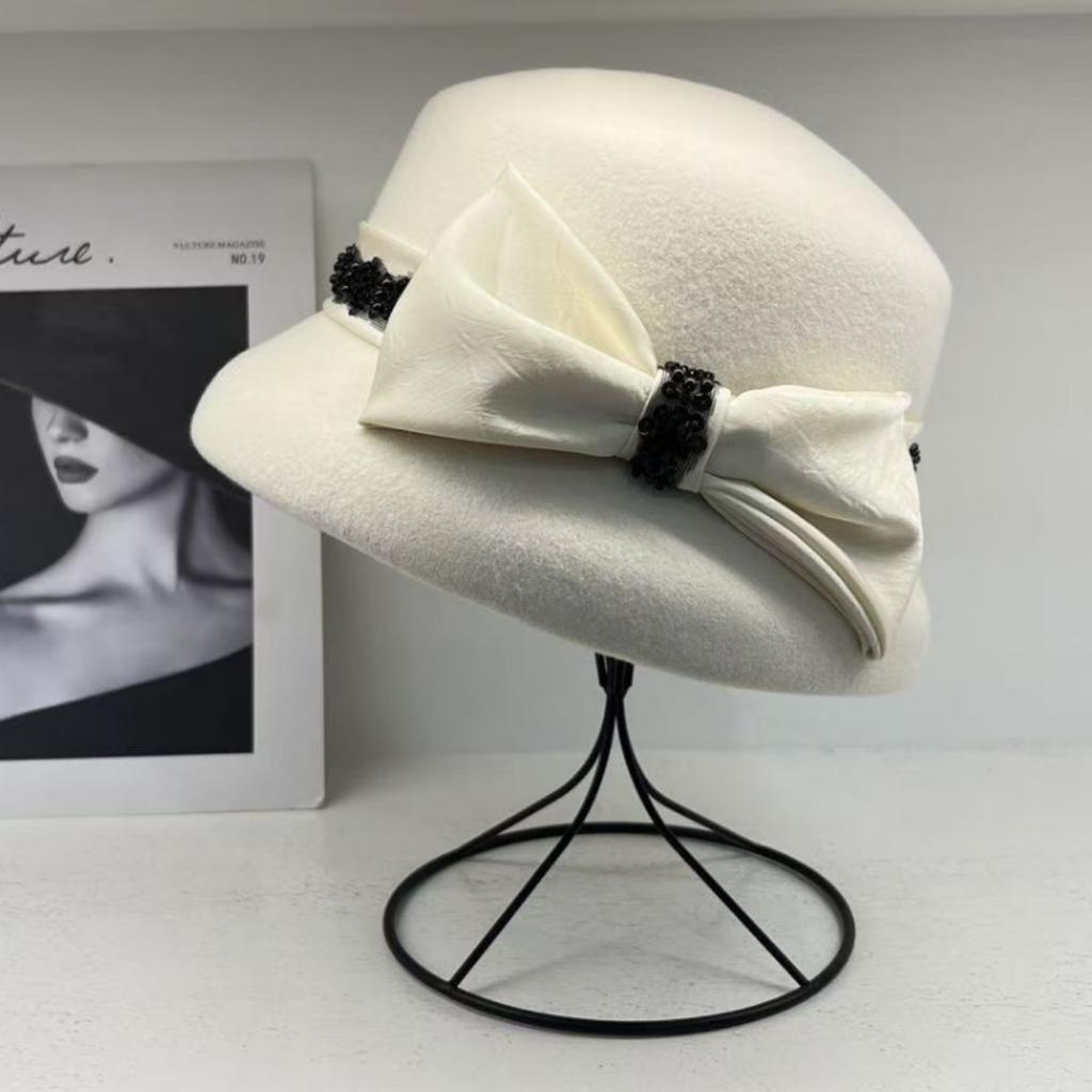 Light luxury hat women's autumn and winter wool basin hat British retro top hat women's elegant bow bucket hat
