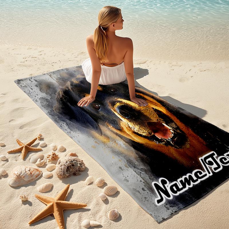 1PC Custom Name Rottweiler Portrait Artwork Beach Towel Highly Absorbent And Sand-Resistant Towel for Swimming, Pool, Yoga, And Travel Lightweight