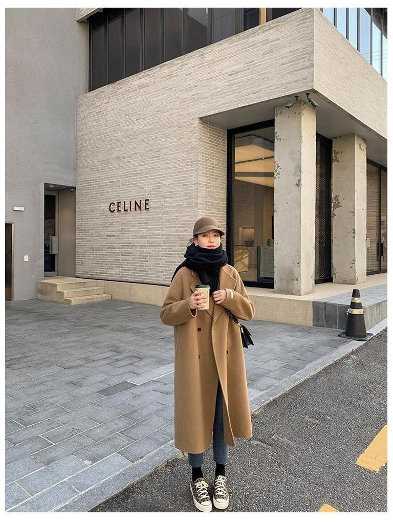 Women's Mid-Length Double-Breasted Wool Camel Coat - Autumn/Winter Korean Style Trend
