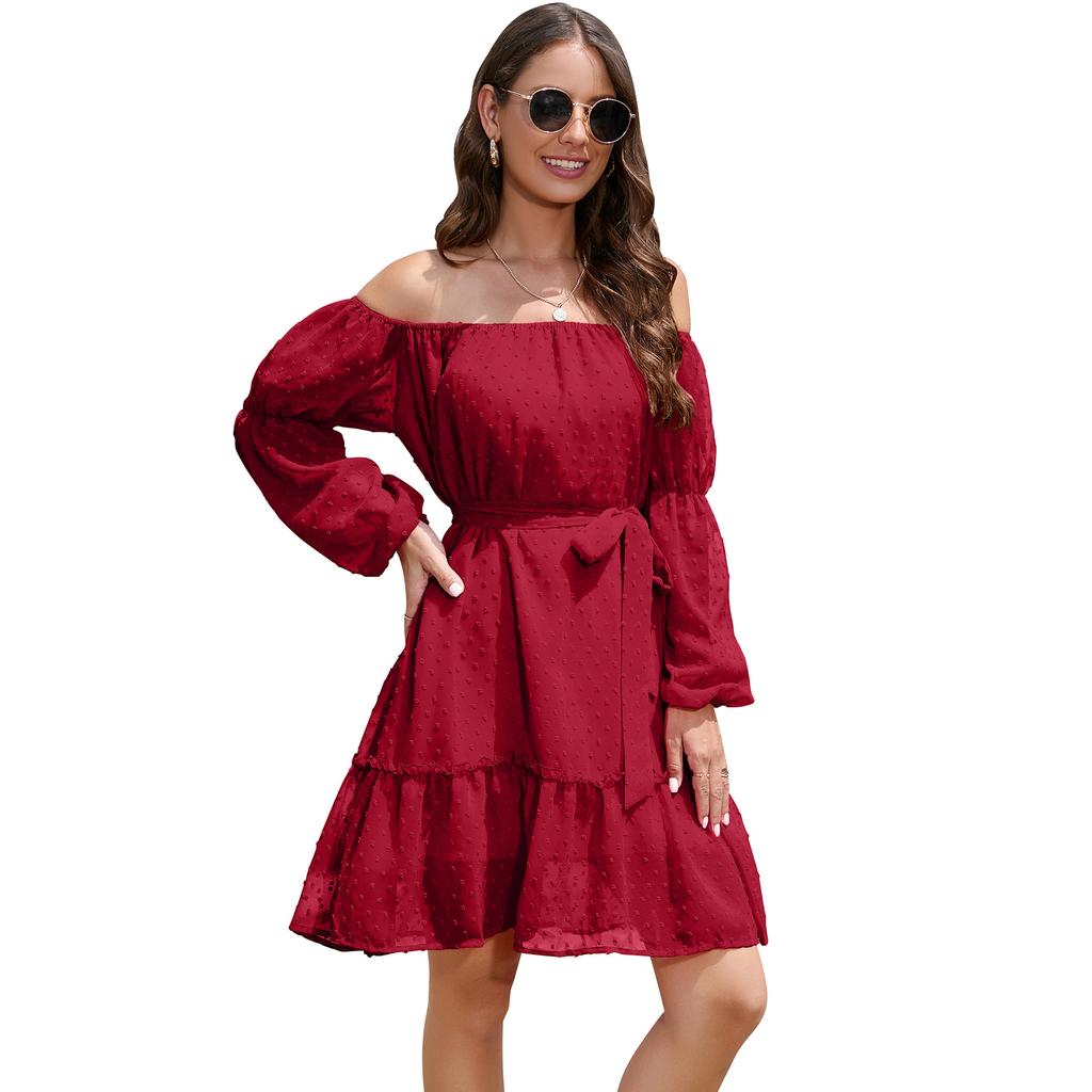 Spring and Autumn Women's Dress Elastic Neck Long Sleeve with Lining and Belt Strapless Dresses