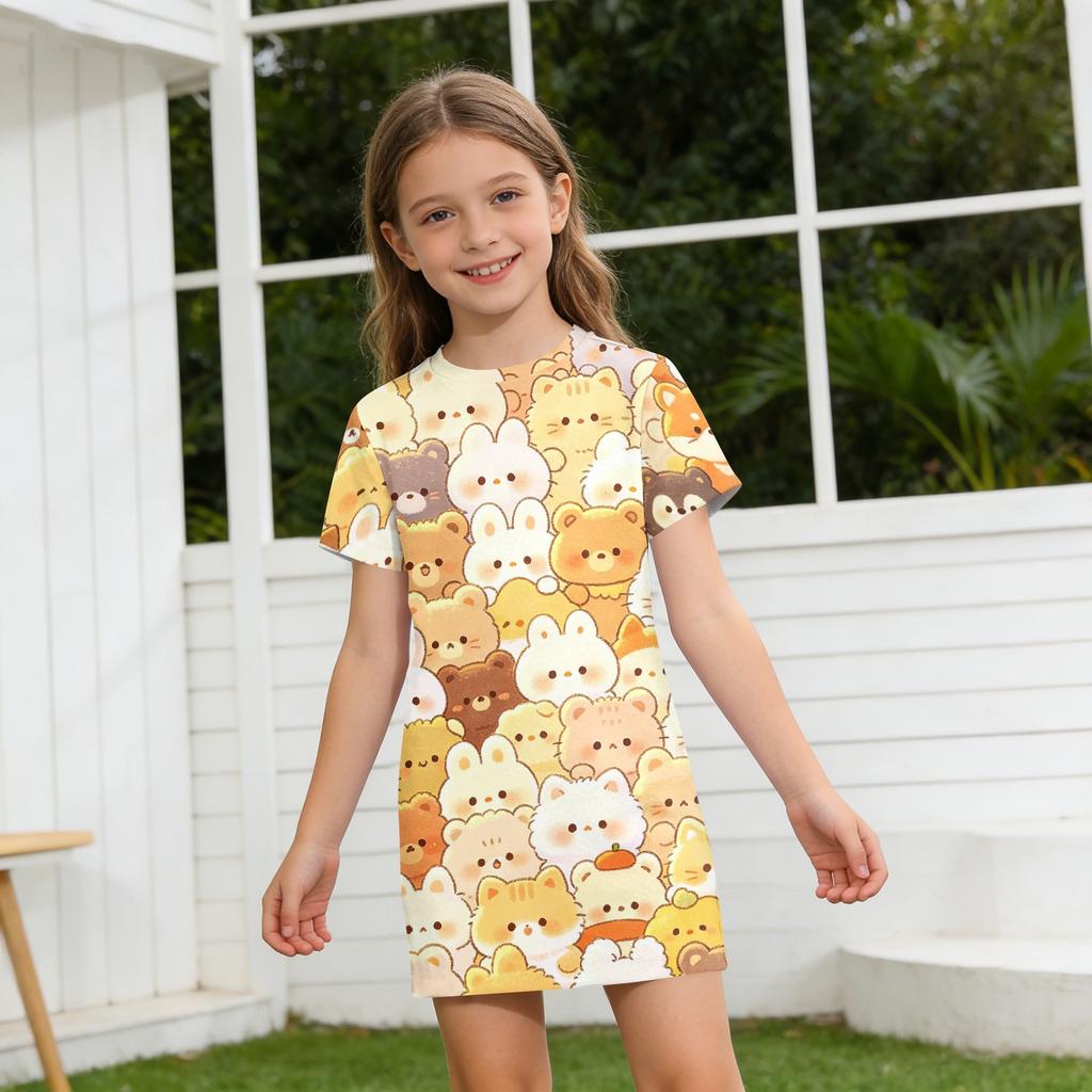 Girls Loose Fit Short Sleeve Dress Lightweight Round Neck Casual Animal Print Summer Dress for Children Comfortable Daily Wear