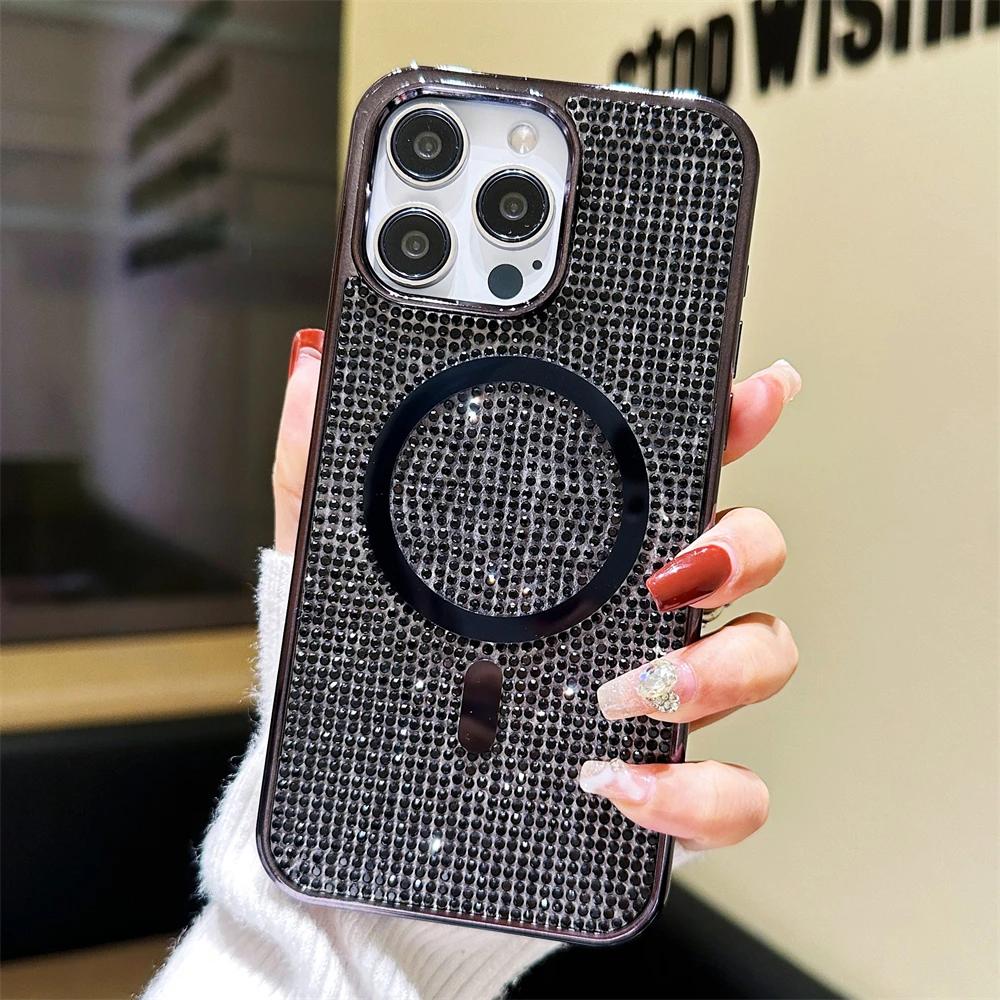 Full Diamond Rhinestones Laser Glitter Magnetic For Magsafe Case For iPhone 15 11 12 13 14 Pro Max Plus Charging Plating Cover