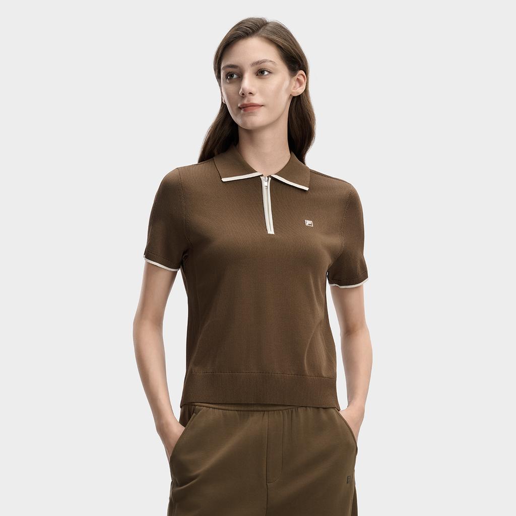FILA White Fashion Simple Classic Retro Casual Versatile Comfortable Half-Zip Knitted Short Sleeve Sweater Women tops Valley-Brown F11W613406FBN