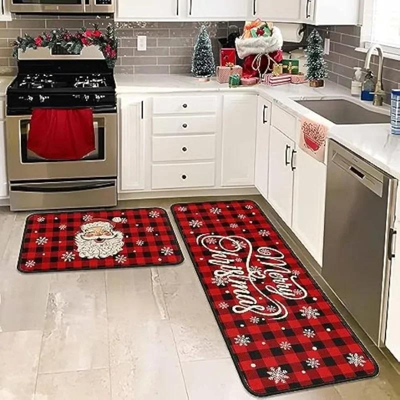 Christmas Kitchen Floor Mat Long Non-Slip Absorbent Floor Mat Household Kitchen Dirt Resistant Mat Door Mat Long Santa Carpet