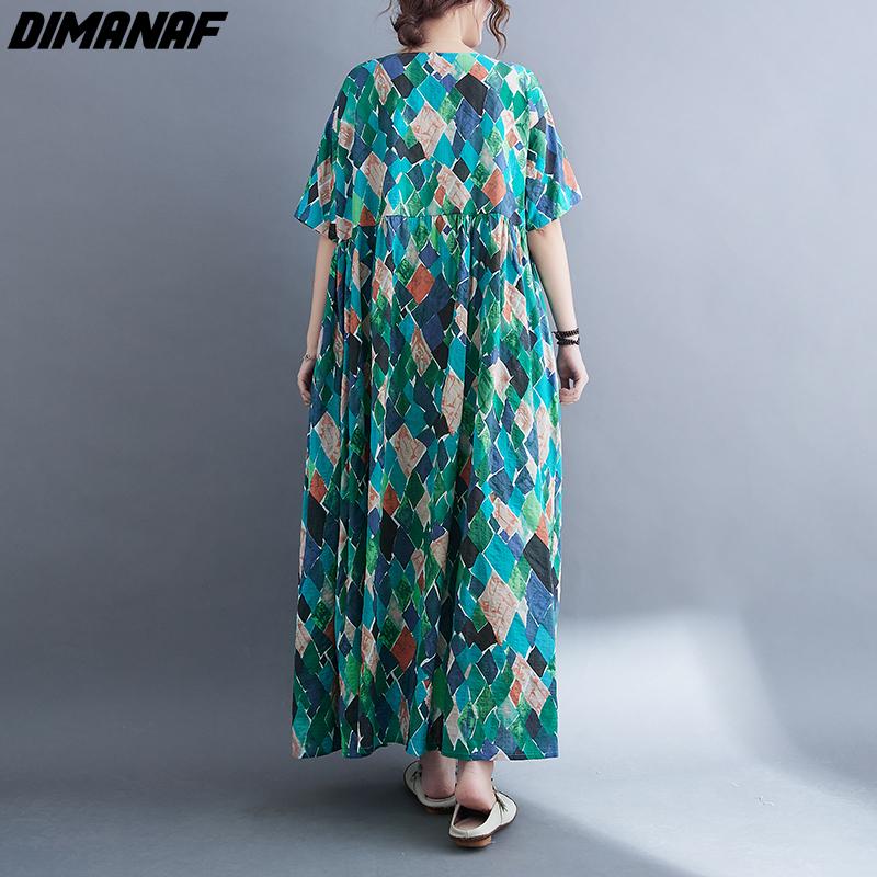 DIMANAF kobiety sukienka letnia Plus rozmiar plażowa sukienka lniana czeski nadruk kwiaty moda Lady Vestidos luźna długa sukienka na co dzień Oversize 9063
