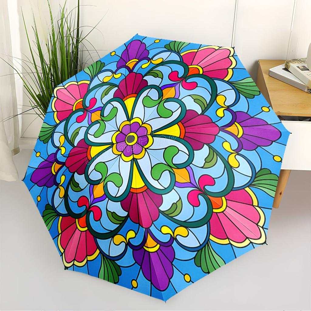 Automatic Open/Close Umbrella with Mandala Floral Pattern - Compact Folding Umbrella, Portable Travel Umbrella with 8-Rib Stro