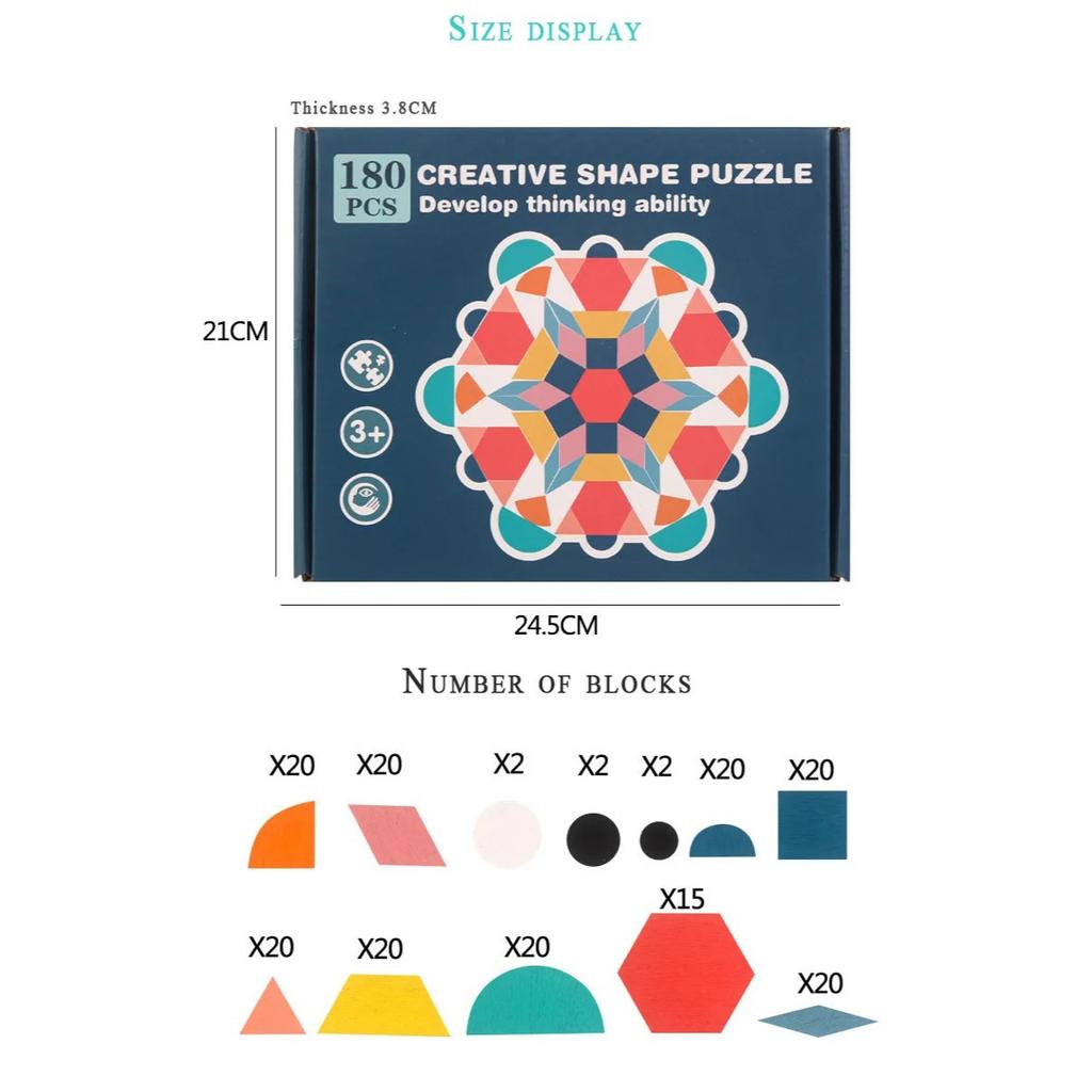 180Pcs/set Montessori Kids Wooden 3D Geometric Shape Jigsaw Puzzle Baby Early Education Toy