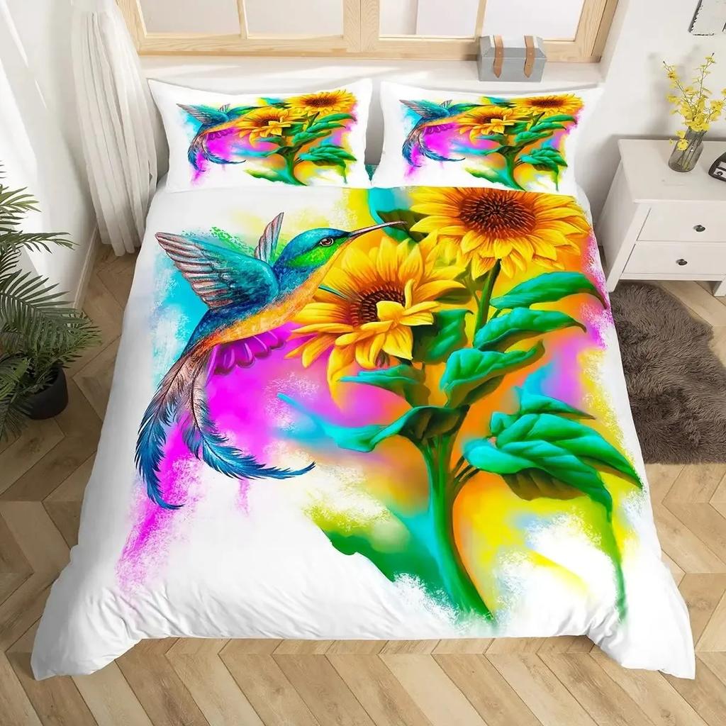 Hummingbird Duvet Cover Set Full Size Girls Garden Birds Farmhouse Flower Floral Bedding Set Hummingbird Lovers Comforter Cover