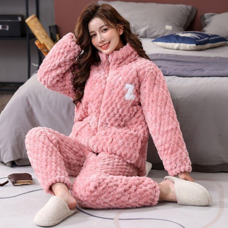 Pajamas women's winter three-layer thickened models fleece coral fleece warm padded cotton autumn and winter women's loungewear