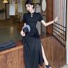 Chinese national style improved cheongsam black slim-fitting dress women's side split summer bubble short-sleeved waist dress
