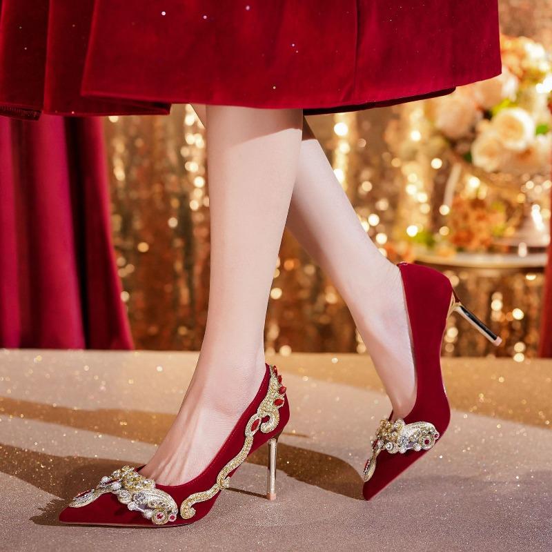 8.5cm High Quality Suede Women'S Pumps And Heels Luxury Rhinestone Wedding Shoes For Women Fashion Thin Heel Women Shoes Tacones
