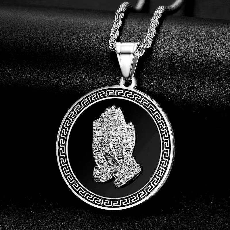 Original Hip Hop HIPHOP Trendy Brand Titanium Steel Gold-Plated Diamond Great Wall Pattern Prayer Buddha Hand Pendant Necklace