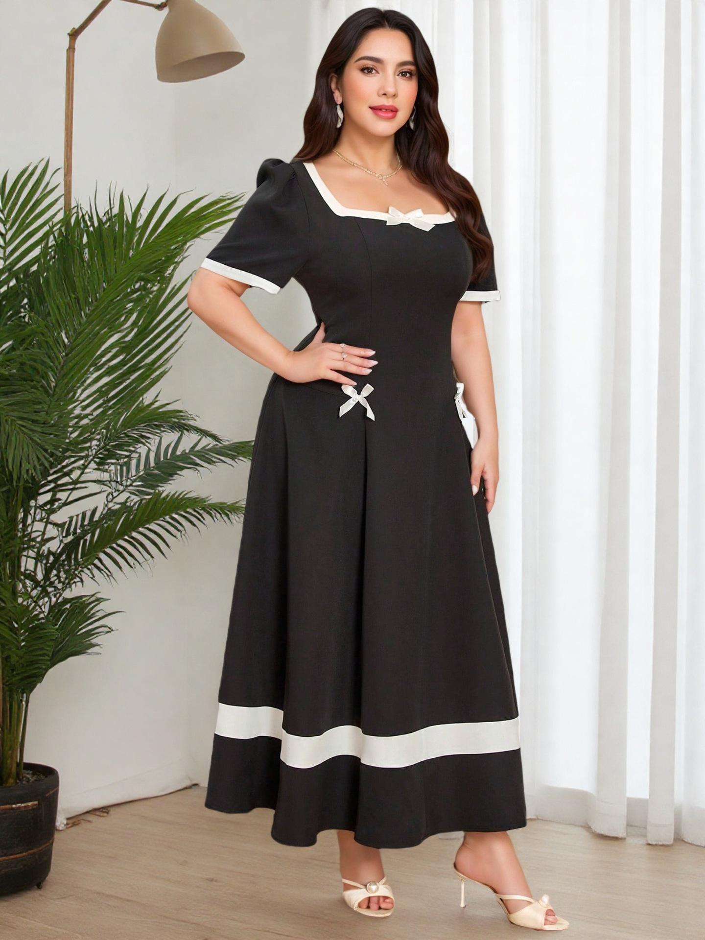 

Plus Size French Color Block Bow Waist Dress S чёрный