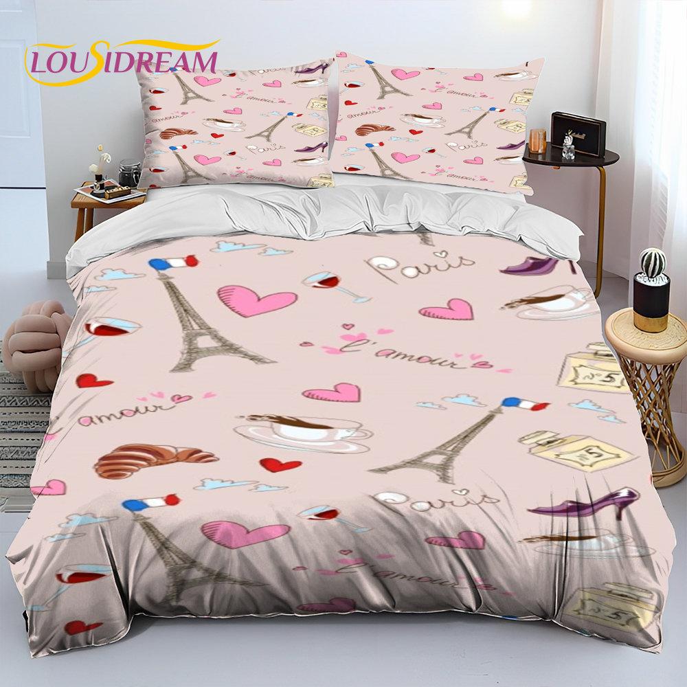 France Paris Eiffel Tower Comforter Bedding Set,Duvet Cover Bed Set Quilt Cover Pillowcase,King Queen Size Bedding Set Kid Adult