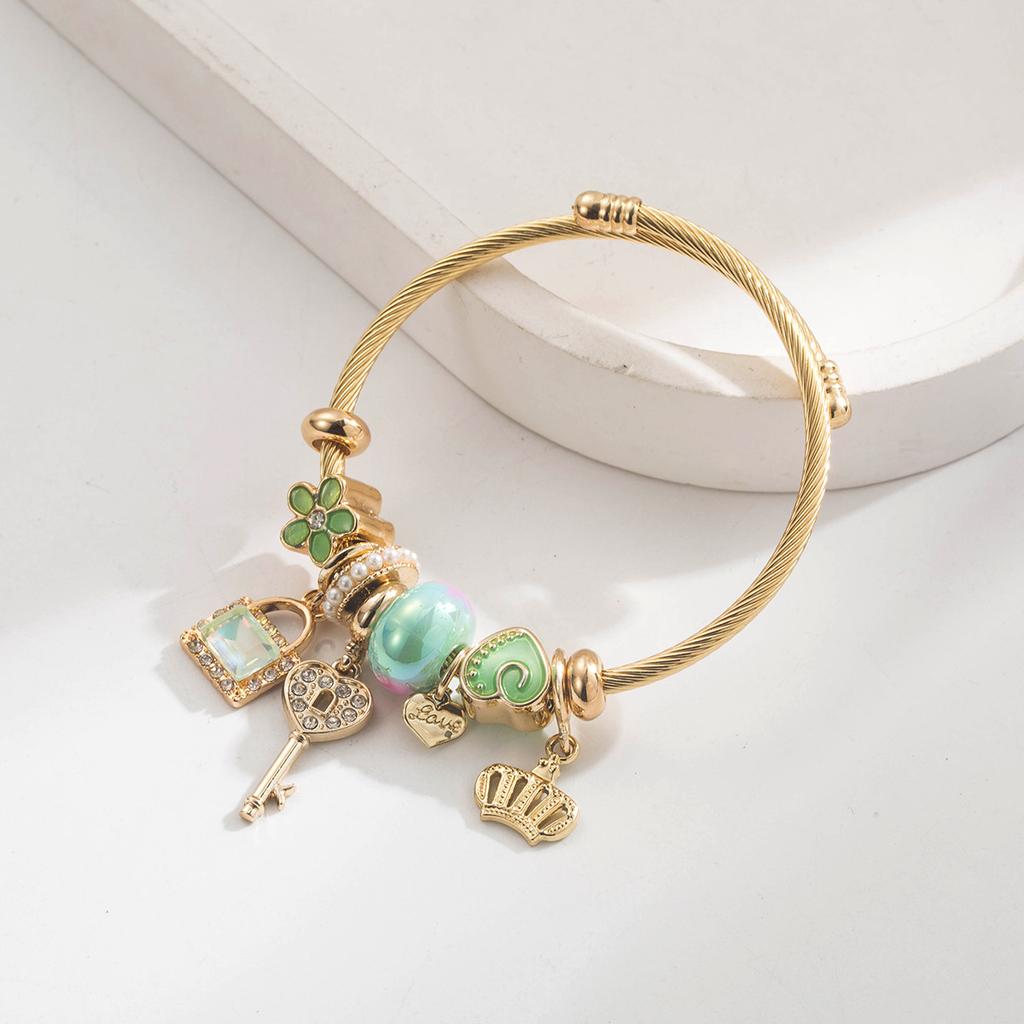 Adjustable Crown Key Charm Beaded Bangle Stainless Steel Alloy Pendant Bracelet for Women Girls