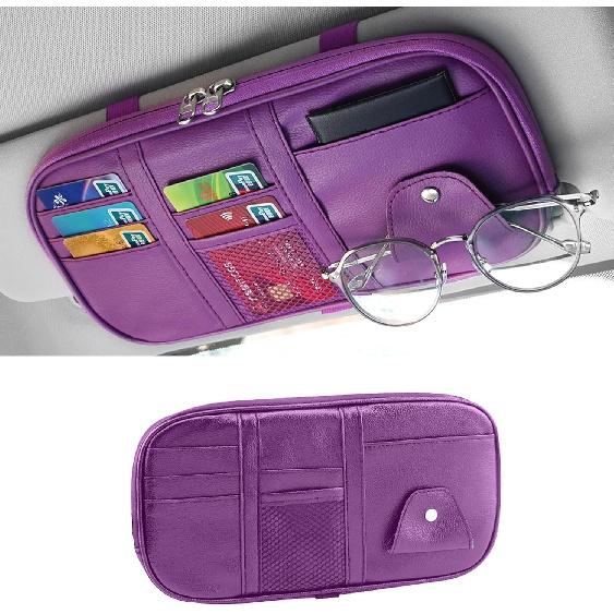 Car Sun Visor Organizer, Multi-Pocket PU Leather Sunglass Holder And Storage Pocket With Net Zipper, Card Sleeve Pocket Organizer, Auto Interior