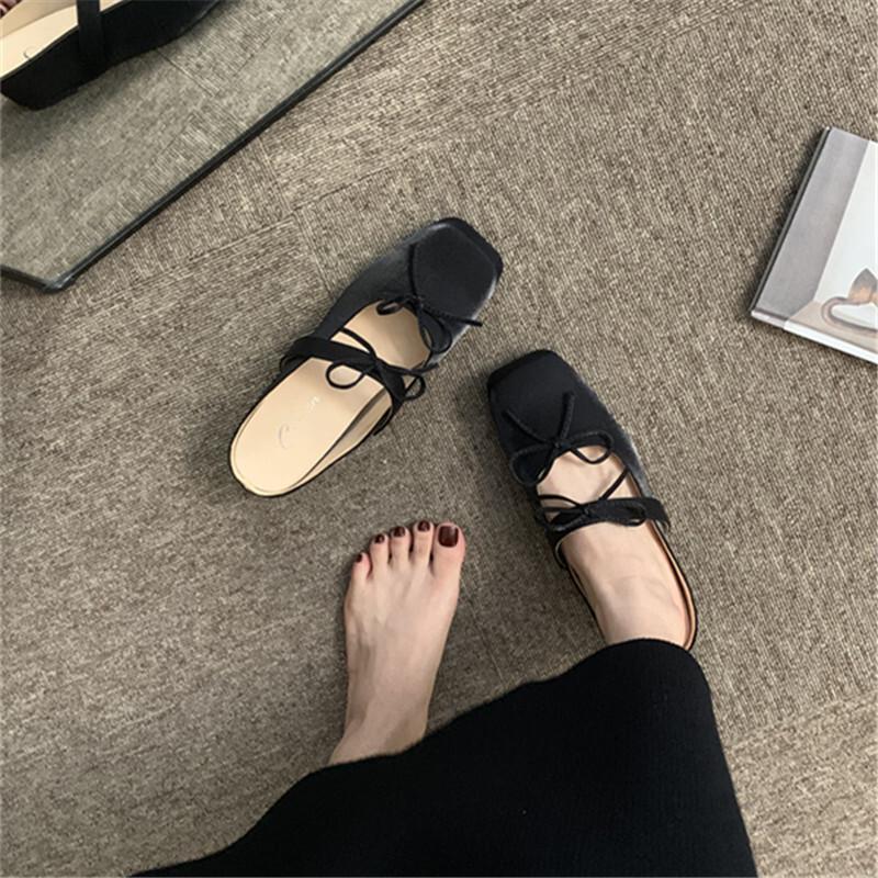 Fairy Style with Skirt Half Slippers Female Outer Wear 2025 Korean Version Bag Head Bow Shallow Mouth Inner Height Increase Sandals