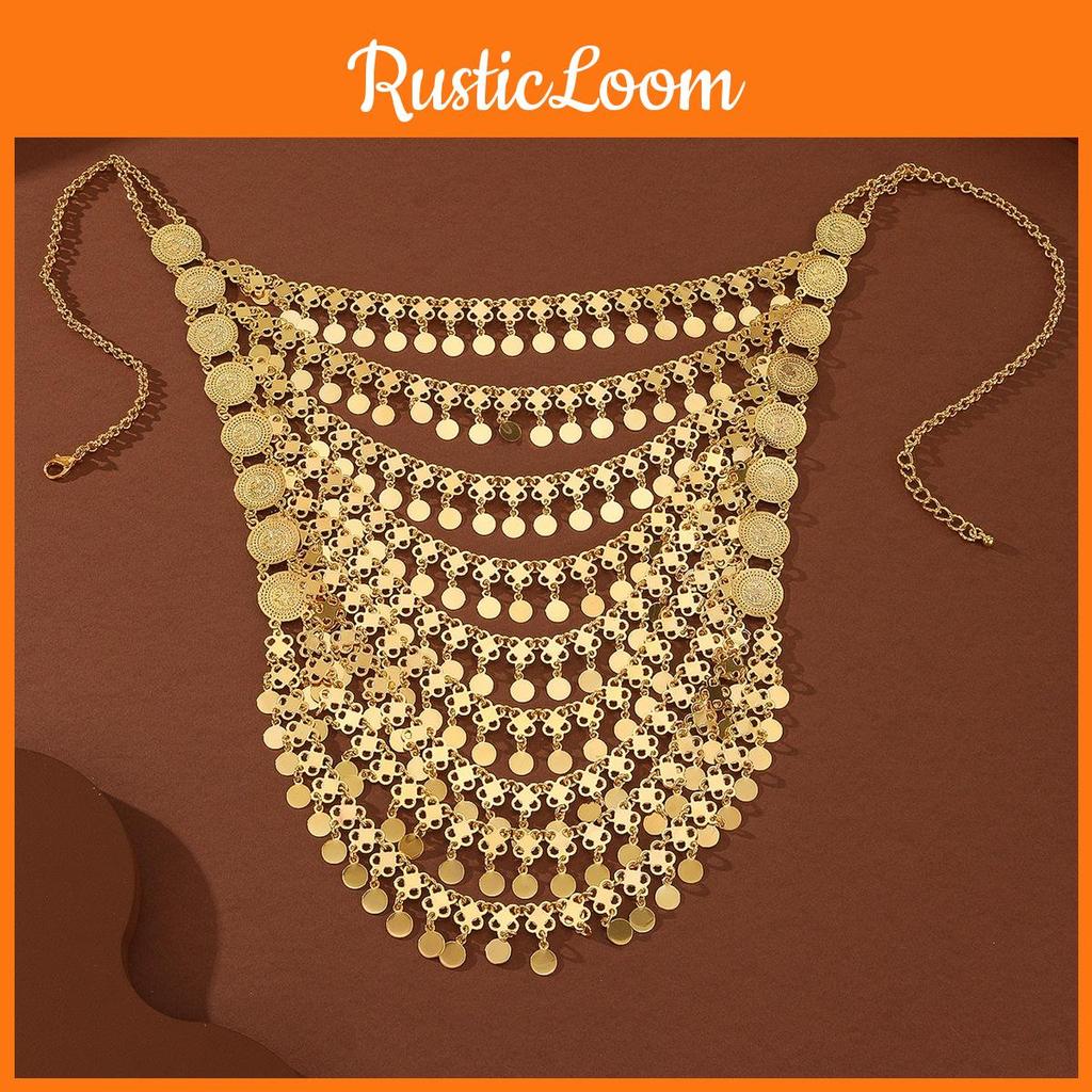 Halsband med mynthänge i guldlegering och flerskiktade tofsar för kvinnor sommar