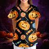 Women's Halloween Print V-Neck Short Sleeve Scrub Top with Pockets, Loose Fit