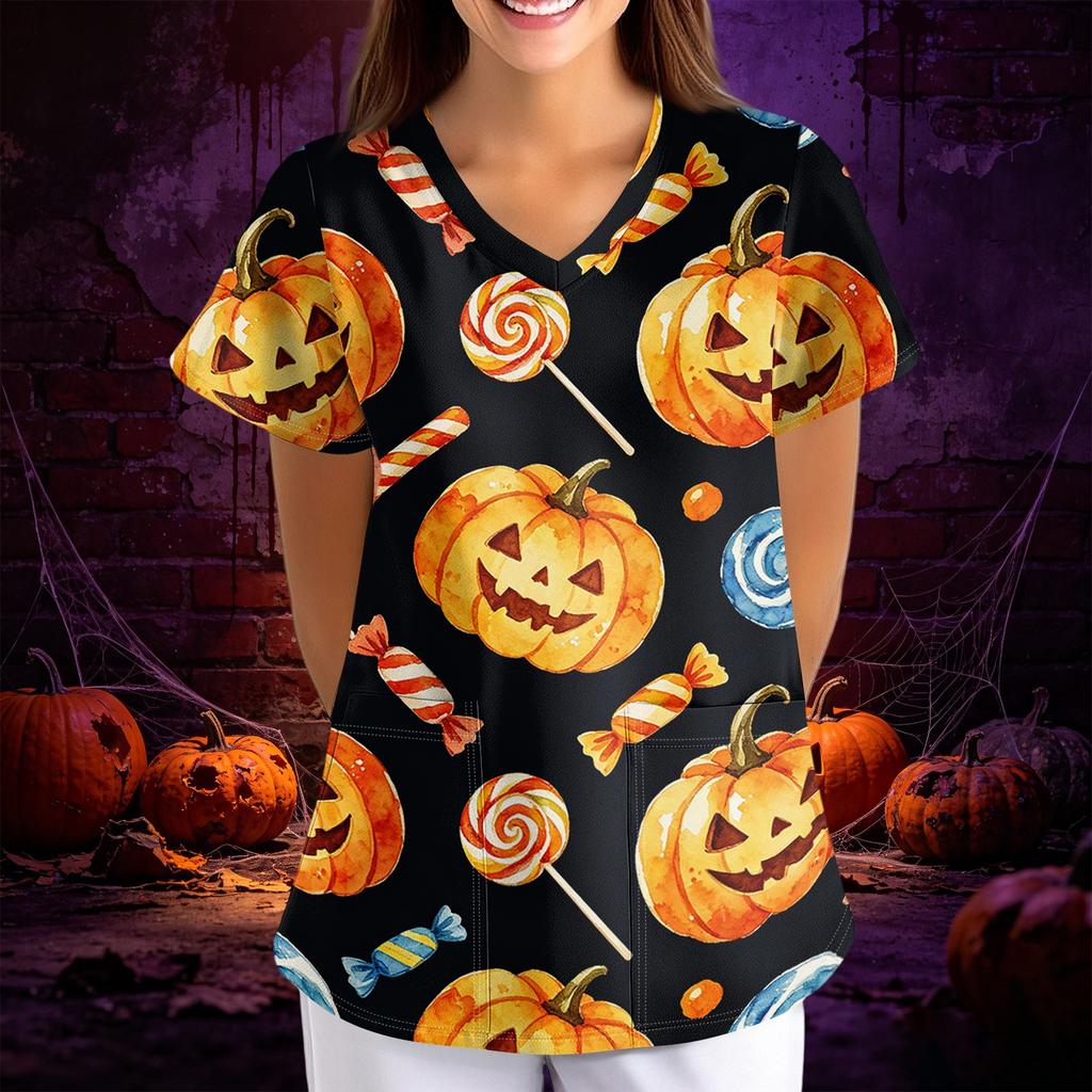 Women's Halloween Print V-Neck Short Sleeve Scrub Top with Pockets, Loose Fit