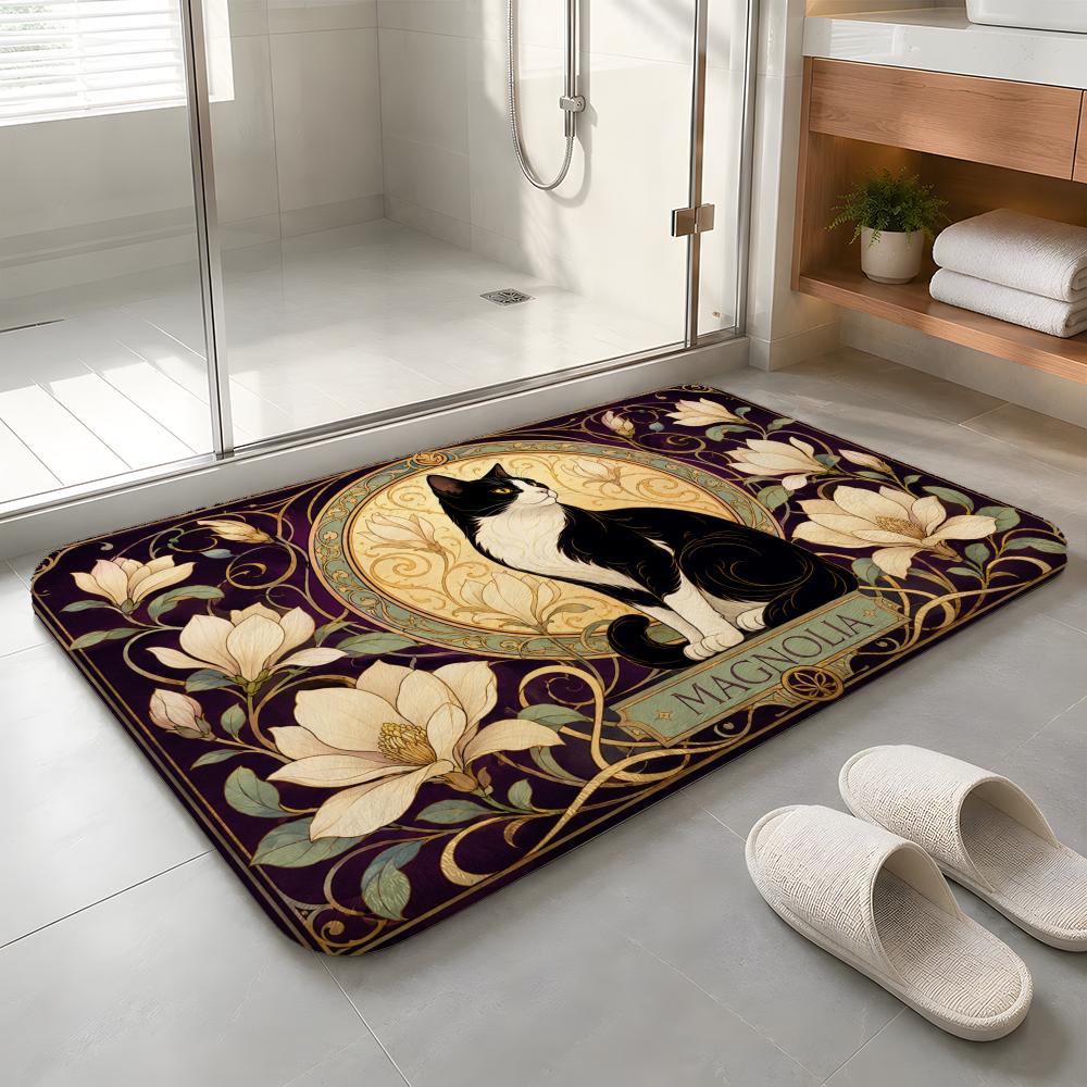 Golden Feline Elegance Floor Mat Machine Washable Soft Flannel Area Rug, Non-Slip Absorbent Floor Mat for Living Room Bedroom