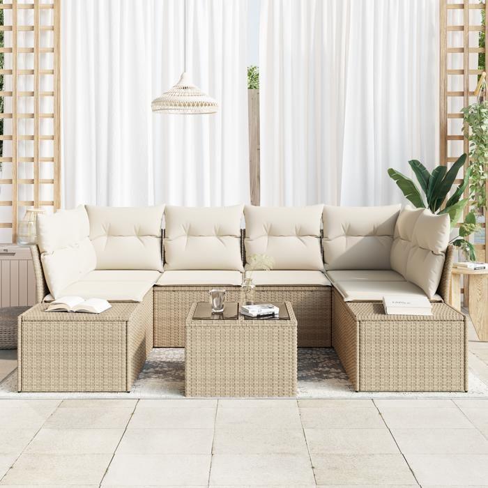 VidaXL Ensemble de canapé de jardin 7 pièces avec coussins beige poly rotin 3346961