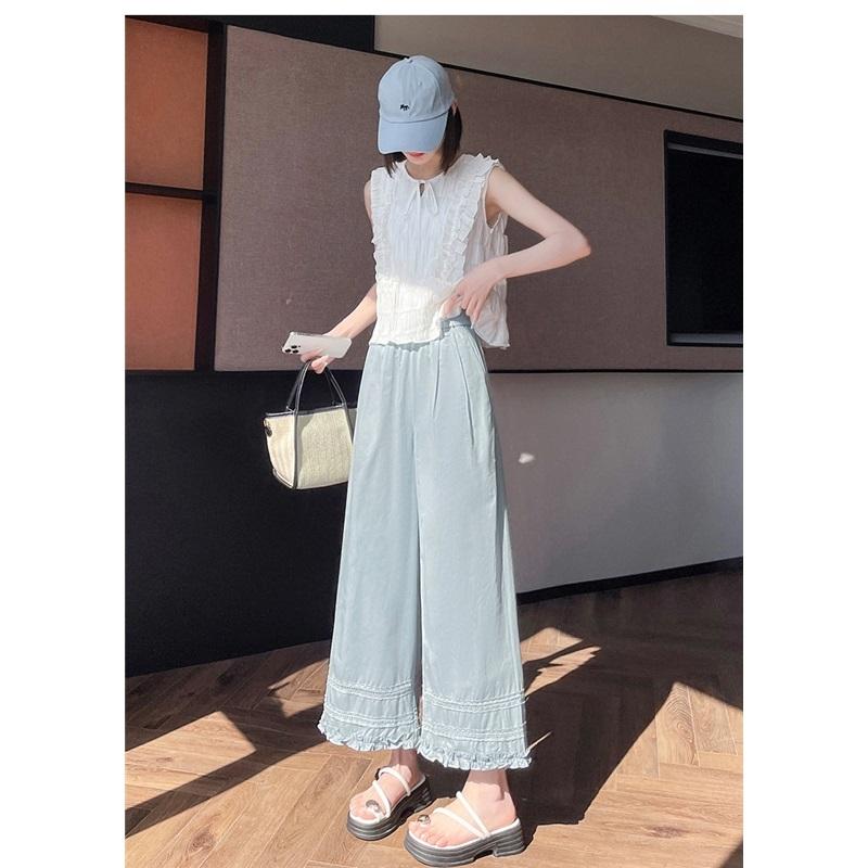 Women's Lace Trim Crochet Wide Leg Ankle Length Pants Summer Loose Thin Style Petite Friendly Sun Protection Casual Trousers