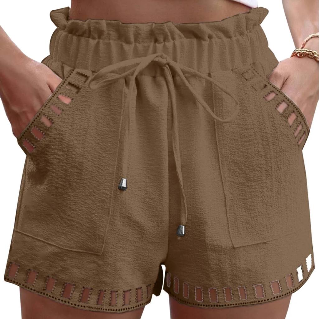 Dame Shorts Para Bomuld Linned Ensfarvet Tynd Udskåret Design Kantlomme Stram Talje Shorts Strandtøj Hvide Klæder