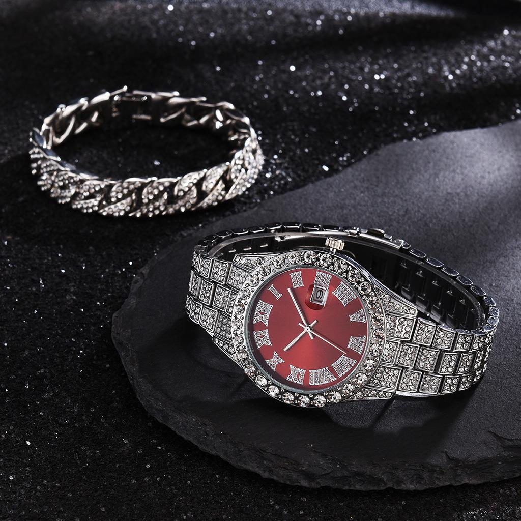 Stainless Steel Quartz Watch with Roman Numerals and Rhinestones